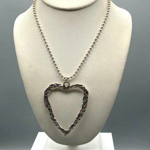 Hammered Heart Open Pendant Necklace, Big and Bold Silver Tone Bead Chain